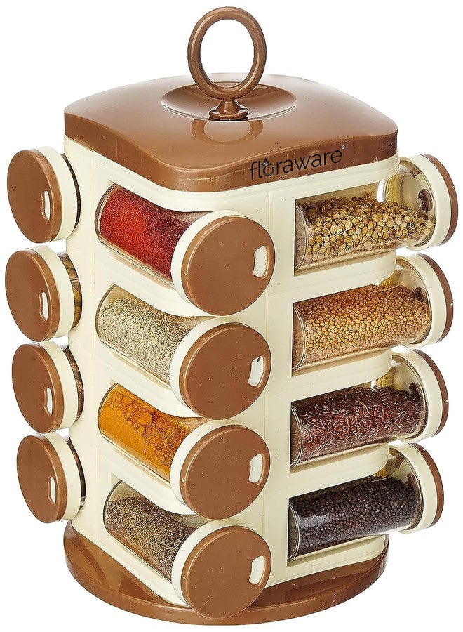 Floraware Revolving 16 Jars Spice Rack, Kitchen Masala Box, Light Brown, BPA Free - Image 1